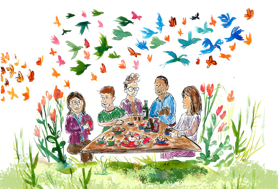 sjs-postcard-2018-small social justice seder postcard, people enjoying a seder outside with birds and flowers