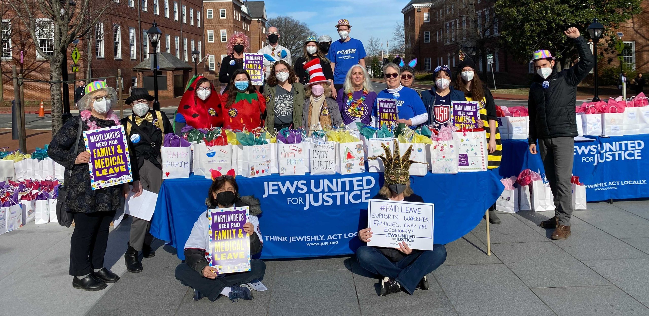 JUFJers with Purim gift bags and advocacy messages in Annapolis