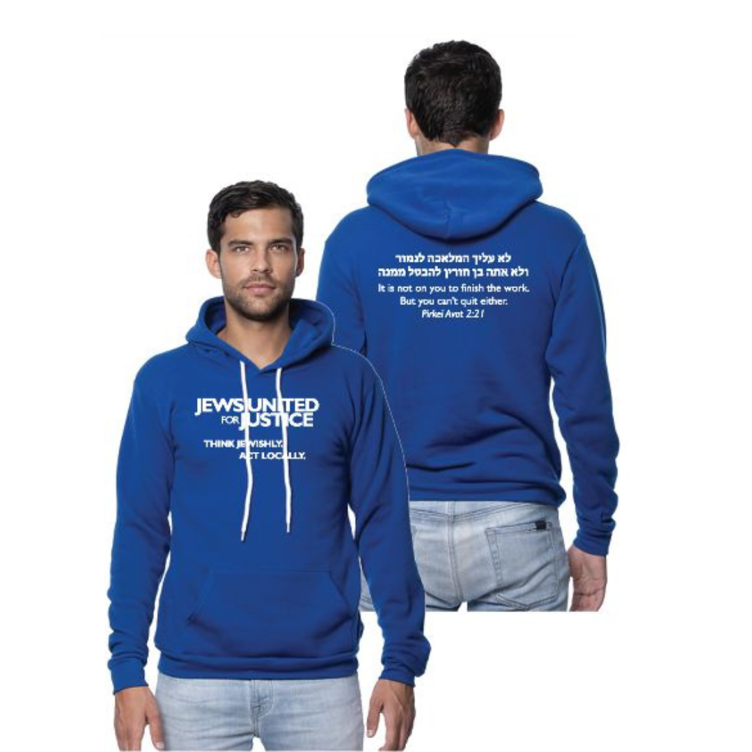 A stock photo of a man wearing a JUFJ hoodie