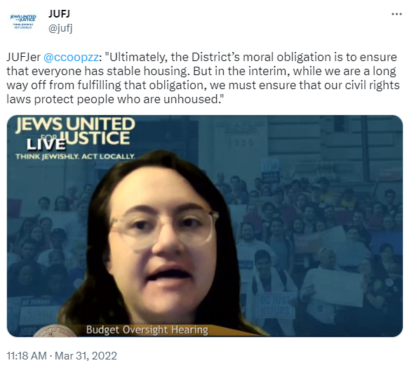 A screenshot of a tweet about JUFJer Courtney testifying about funding housing security in the DC budget in 2022