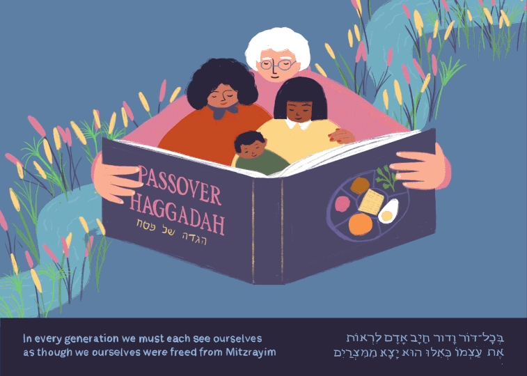 jufj_passover2023_animation_small An elderly person embraces three younger people as they all read from a Passover Haggadah. Art by Maya Ish-Shalom.