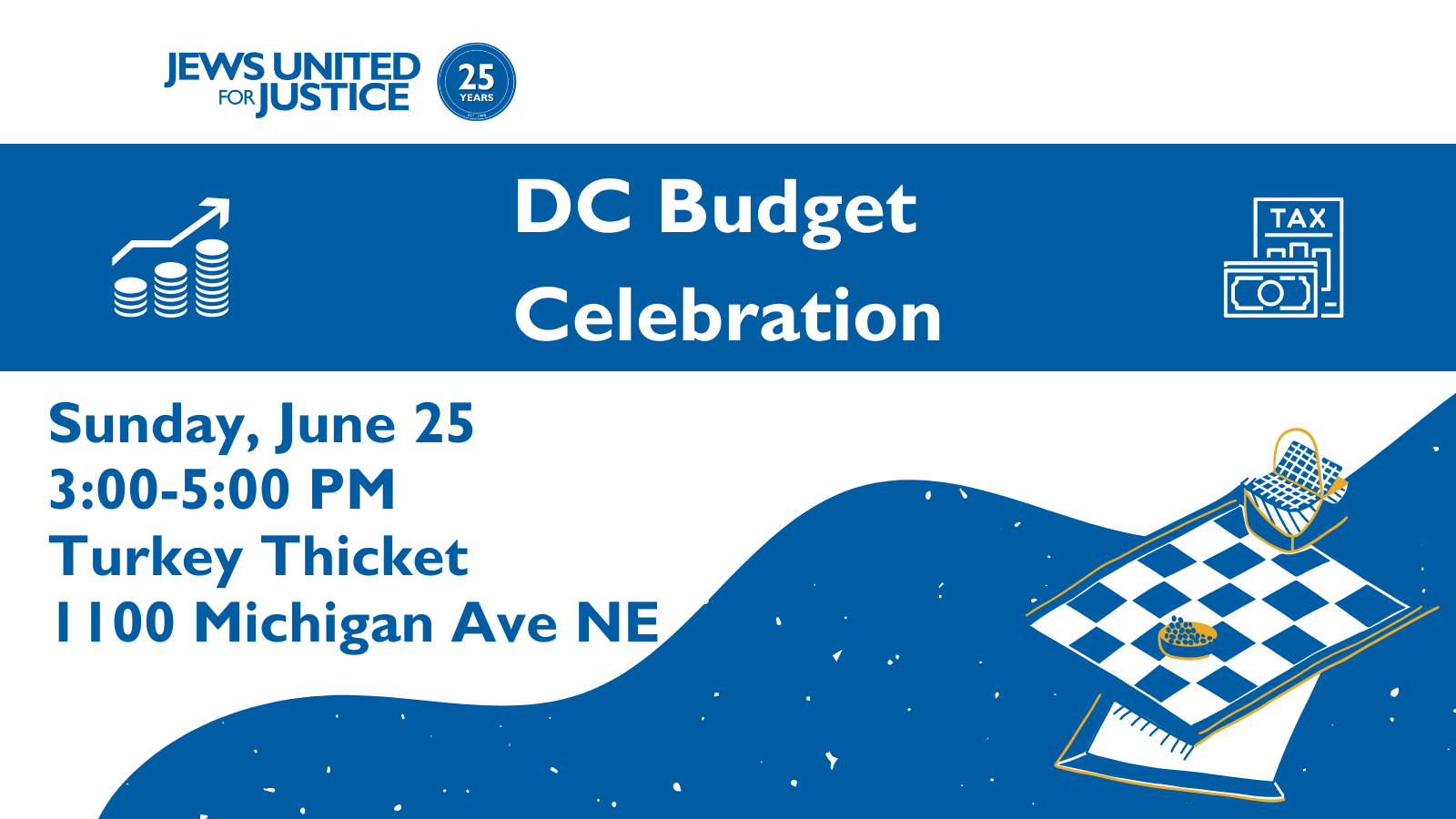picnic blanket, budget charts, and tax forms with text: "DC Budget Celebration"